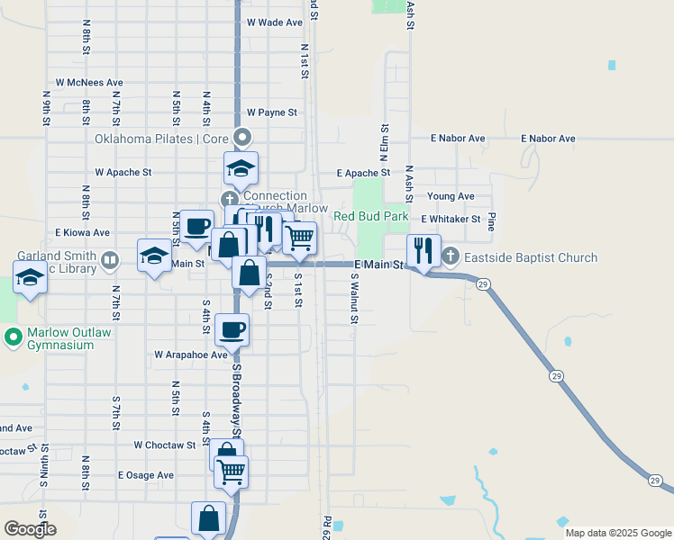 map of restaurants, bars, coffee shops, grocery stores, and more near 210 East Main Street in Marlow