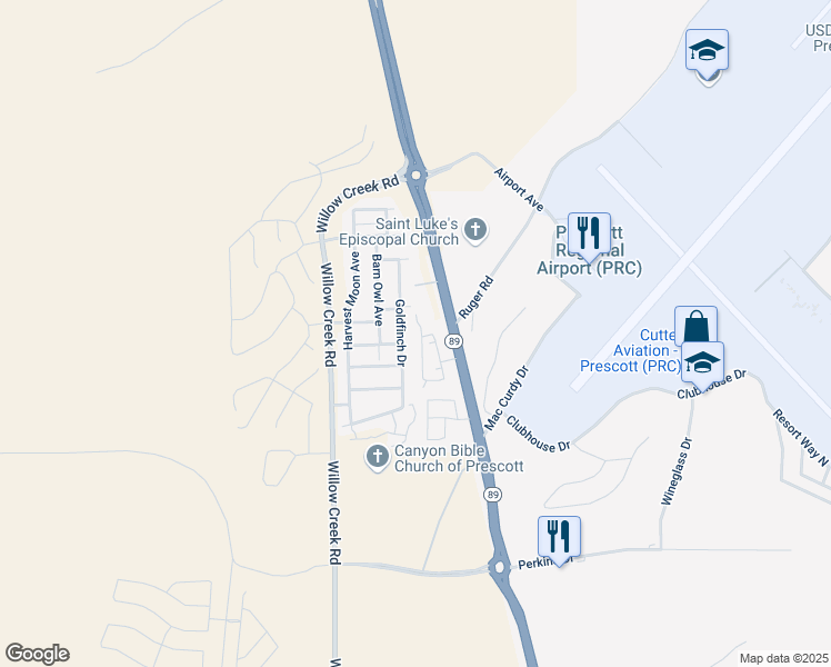 map of restaurants, bars, coffee shops, grocery stores, and more near 6197 Goldfinch Drive in Prescott