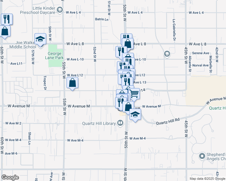 map of restaurants, bars, coffee shops, grocery stores, and more near 2 51st Street West in Quartz Hill