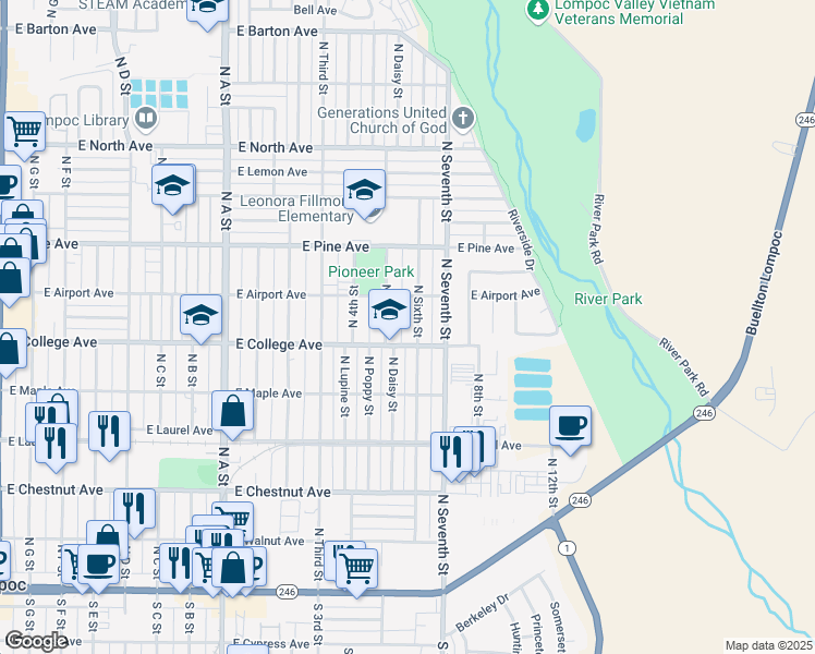 map of restaurants, bars, coffee shops, grocery stores, and more near 613 North 6th Street in Lompoc