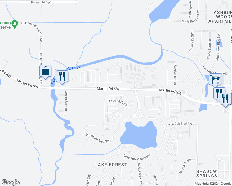 map of restaurants, bars, coffee shops, grocery stores, and more near 7 Cypress Grove Lane Southwest in Huntsville