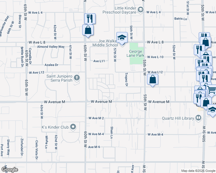 map of restaurants, bars, coffee shops, grocery stores, and more near 5711 Columbia Way in Lancaster