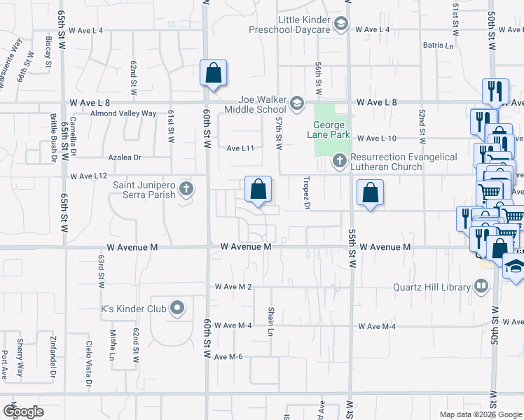 map of restaurants, bars, coffee shops, grocery stores, and more near 5711 Columbia Way in Lancaster