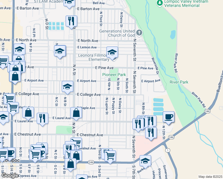map of restaurants, bars, coffee shops, grocery stores, and more near 601 North 4th Street in Lompoc
