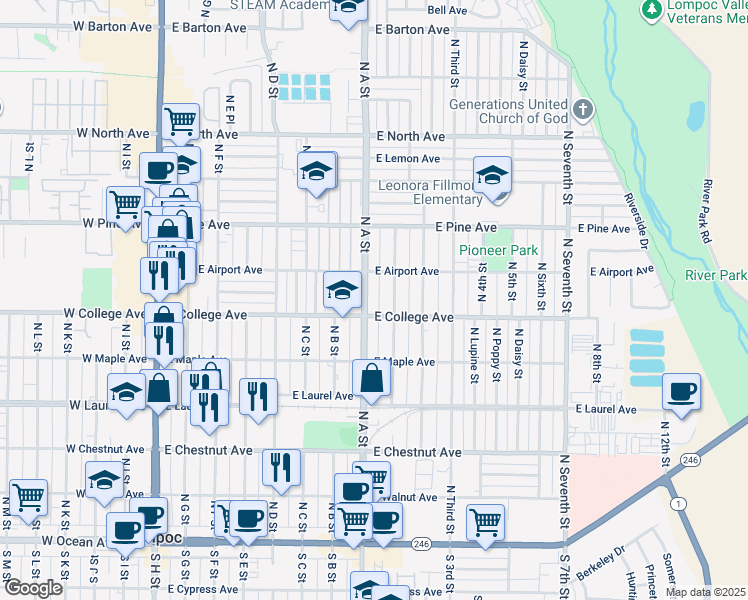 map of restaurants, bars, coffee shops, grocery stores, and more near 805 East College Avenue in Lompoc