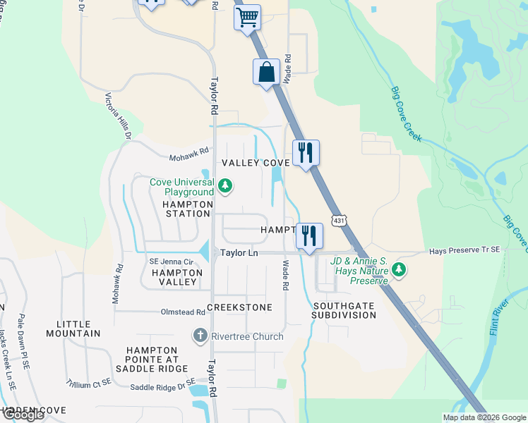 map of restaurants, bars, coffee shops, grocery stores, and more near 5021 Blakemore Drive Southeast in Owens Cross Roads