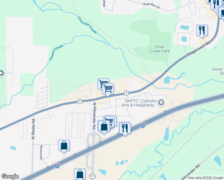map of restaurants, bars, coffee shops, grocery stores, and more near 12108 Stagecoach Road in Little Rock
