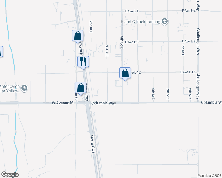 map of restaurants, bars, coffee shops, grocery stores, and more near 42052 3rd Street East in Lancaster