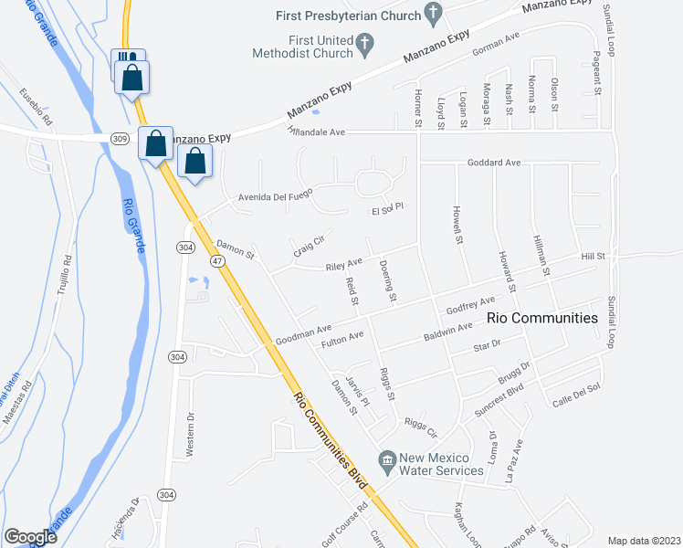 map of restaurants, bars, coffee shops, grocery stores, and more near 121 Riley Avenue in Belen