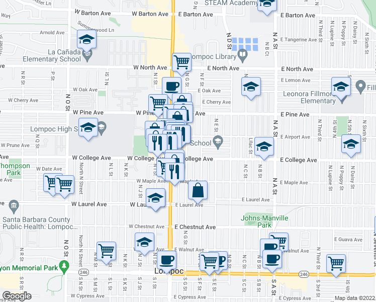 map of restaurants, bars, coffee shops, grocery stores, and more near 628 North G Street in Lompoc