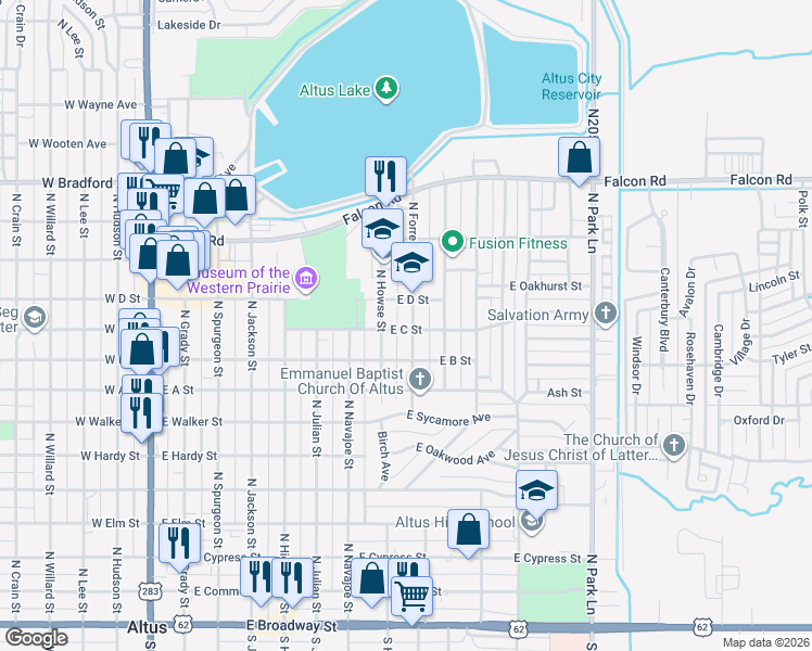 map of restaurants, bars, coffee shops, grocery stores, and more near 919 North Forrest Street in Altus