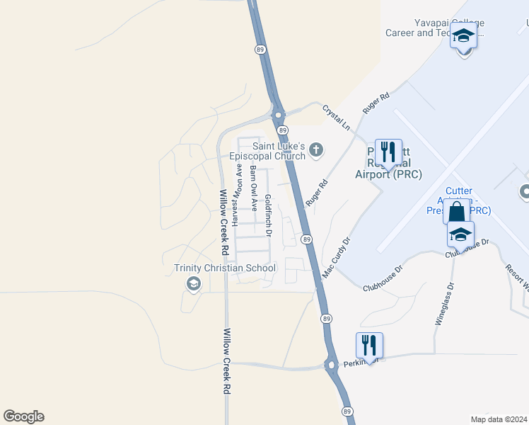 map of restaurants, bars, coffee shops, grocery stores, and more near 6197 Goldfinch Drive in Prescott
