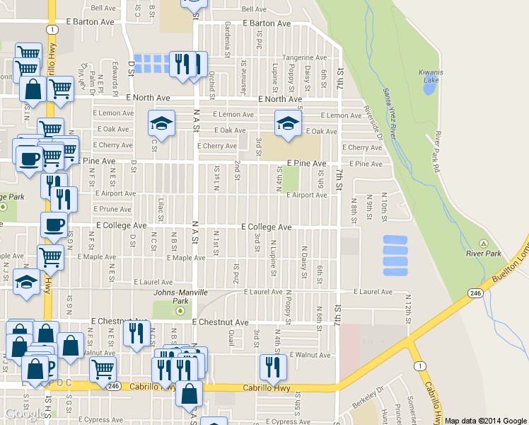 map of restaurants, bars, coffee shops, grocery stores, and more near 601 North 4th Street in Lompoc