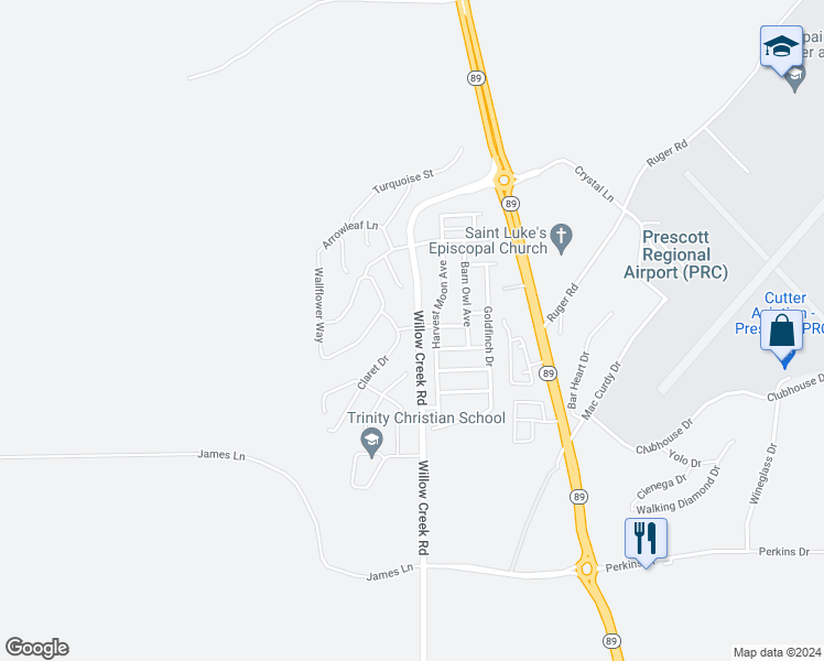 map of restaurants, bars, coffee shops, grocery stores, and more near 6881 Claret Drive in Prescott