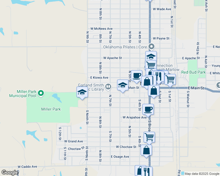 map of restaurants, bars, coffee shops, grocery stores, and more near 702 West Main Street in Marlow