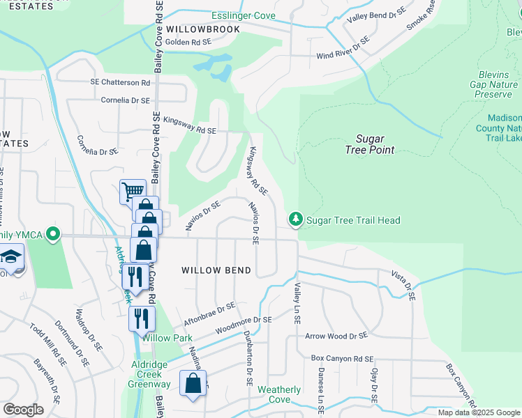 map of restaurants, bars, coffee shops, grocery stores, and more near 8037 Navios Drive Southeast in Huntsville