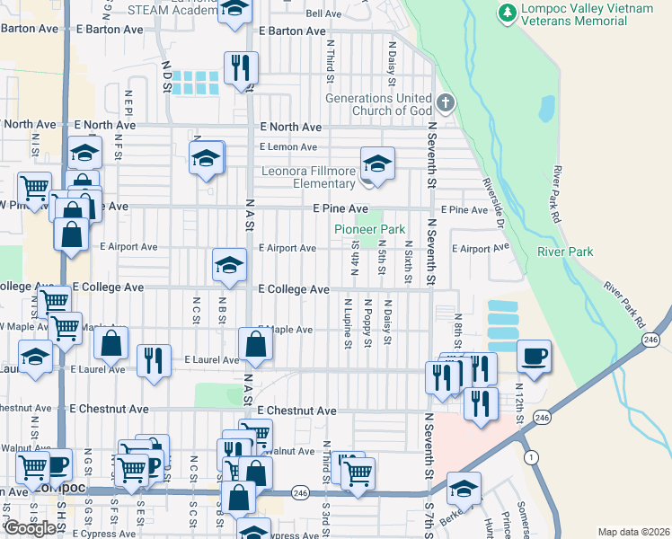 map of restaurants, bars, coffee shops, grocery stores, and more near 618 North Third Street in Lompoc