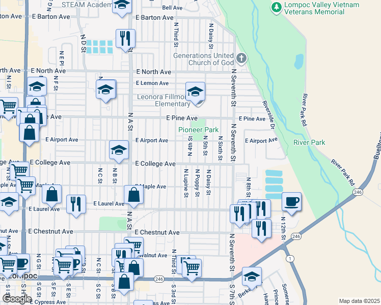 map of restaurants, bars, coffee shops, grocery stores, and more near 601 North 4th Street in Lompoc