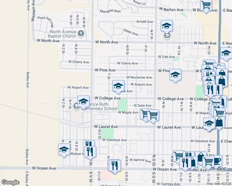 map of restaurants, bars, coffee shops, grocery stores, and more near 532 North T Street in Lompoc