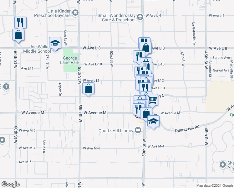 map of restaurants, bars, coffee shops, grocery stores, and more near 2 Avenue L-14 in Quartz Hill