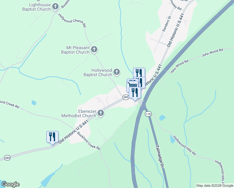 map of restaurants, bars, coffee shops, grocery stores, and more near 4312 Hollywood Highway in Clarkesville