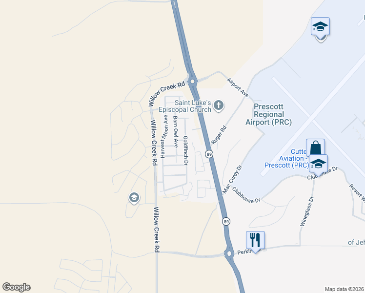 map of restaurants, bars, coffee shops, grocery stores, and more near 6197 Goldfinch Drive in Prescott