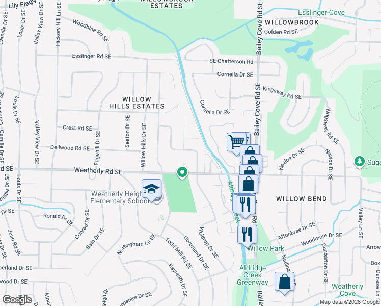 map of restaurants, bars, coffee shops, grocery stores, and more near 9003 Annies Place Southeast in Huntsville