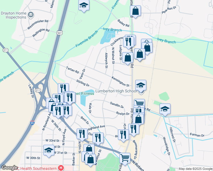 map of restaurants, bars, coffee shops, grocery stores, and more near 3980 North Walnut Street in Lumberton
