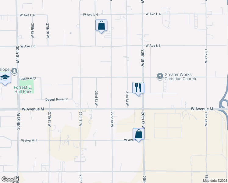 map of restaurants, bars, coffee shops, grocery stores, and more near 42106 22nd Street West in Lancaster