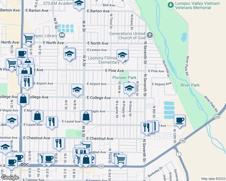 map of restaurants, bars, coffee shops, grocery stores, and more near 622 North 3rd Street in Lompoc