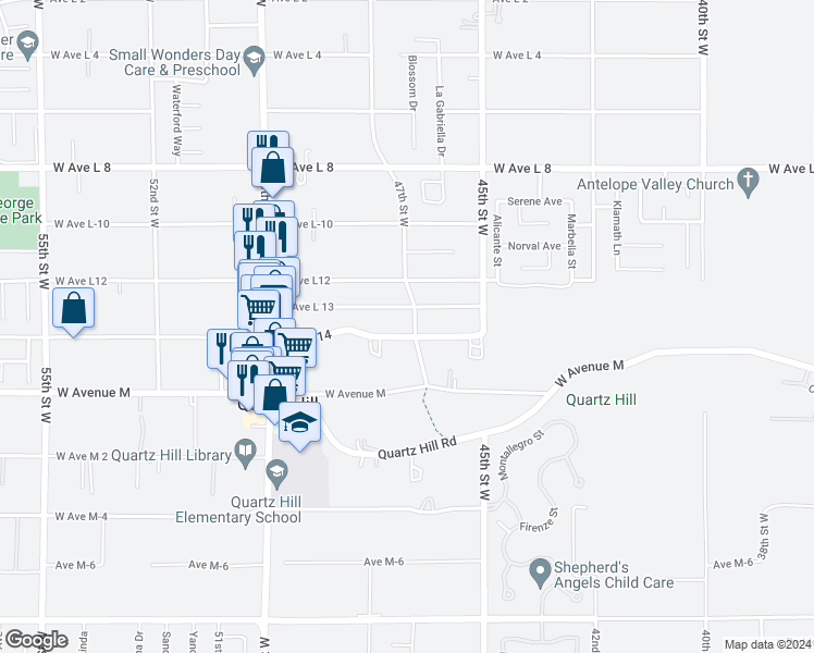 map of restaurants, bars, coffee shops, grocery stores, and more near 42109 47th Street West in Quartz Hill