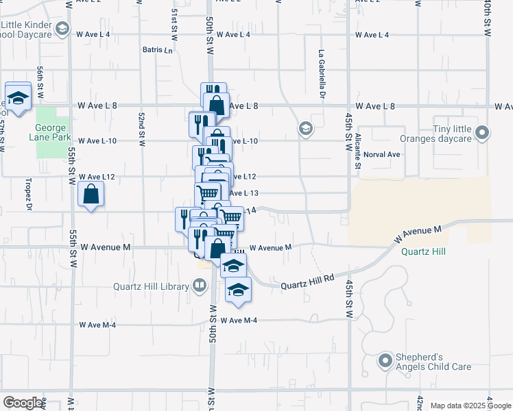 map of restaurants, bars, coffee shops, grocery stores, and more near 4803 Avenue L-14 in Lancaster