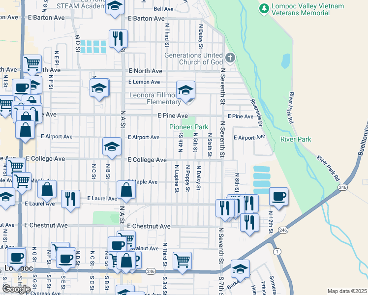 map of restaurants, bars, coffee shops, grocery stores, and more near 620 North 4th Street in Lompoc