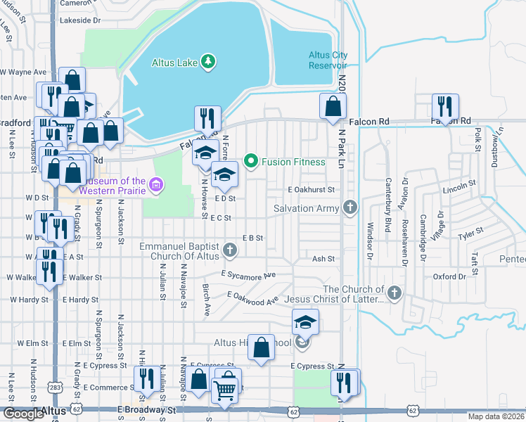 map of restaurants, bars, coffee shops, grocery stores, and more near 1100 East Oakhurst Street in Altus