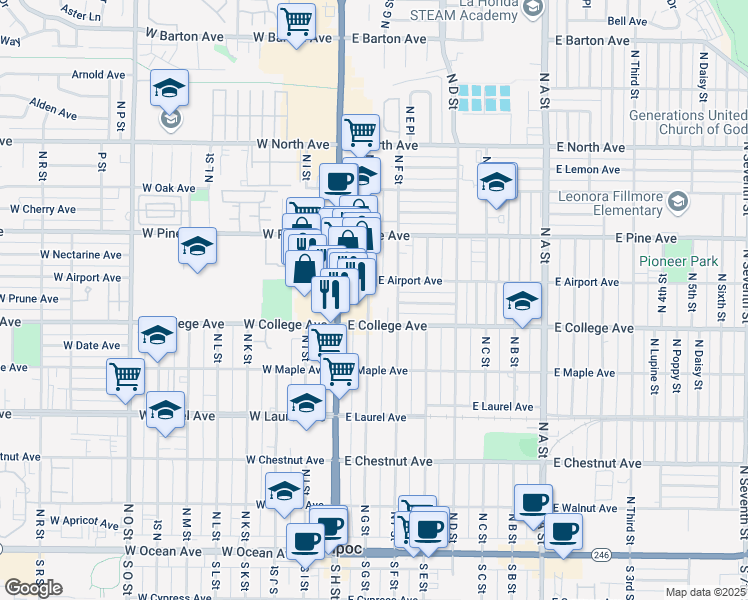 map of restaurants, bars, coffee shops, grocery stores, and more near 735 East Airport Avenue in Lompoc
