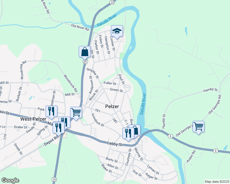 map of restaurants, bars, coffee shops, grocery stores, and more near 3 Green Street in Pelzer