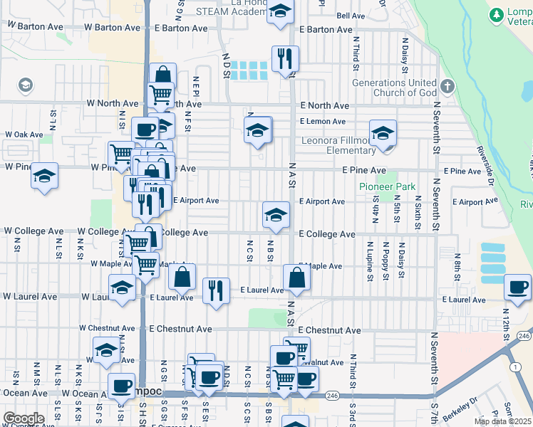 map of restaurants, bars, coffee shops, grocery stores, and more near 625 North B Street in Lompoc
