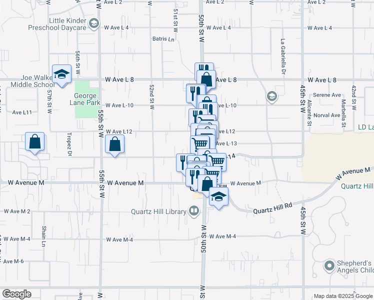 map of restaurants, bars, coffee shops, grocery stores, and more near 42151 50th Street West in Quartz Hill