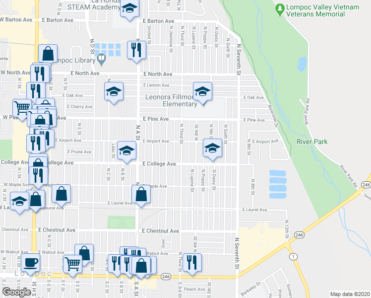 map of restaurants, bars, coffee shops, grocery stores, and more near 626 North Third Street in Lompoc