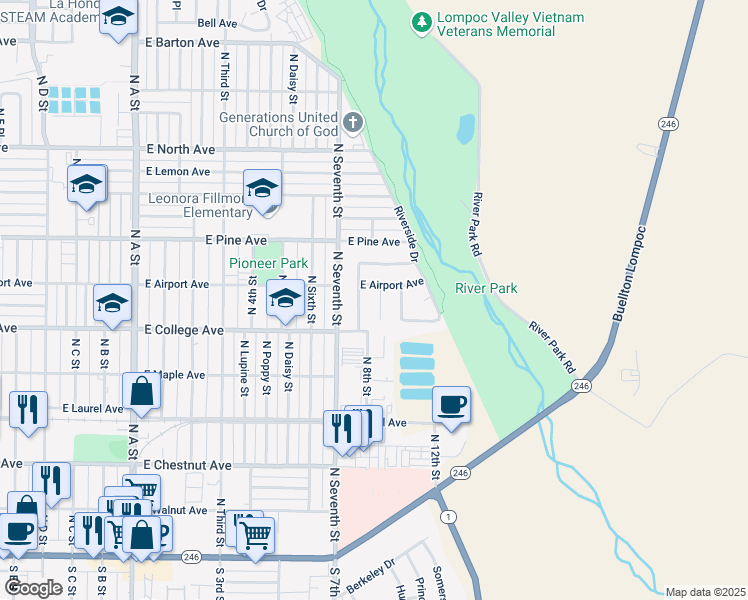 map of restaurants, bars, coffee shops, grocery stores, and more near 632 North 9th Street in Lompoc