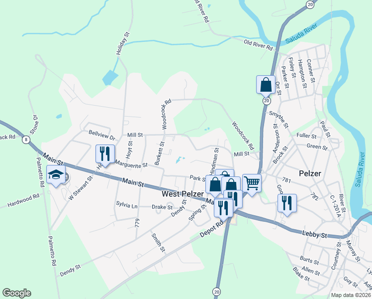 map of restaurants, bars, coffee shops, grocery stores, and more near 27 Mills Street in Pelzer