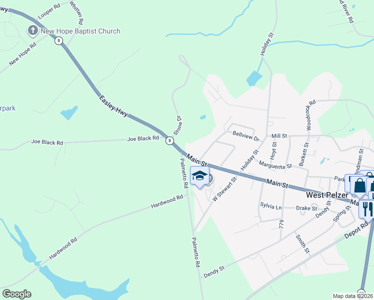 map of restaurants, bars, coffee shops, grocery stores, and more near 92 Stone Drive in Pelzer