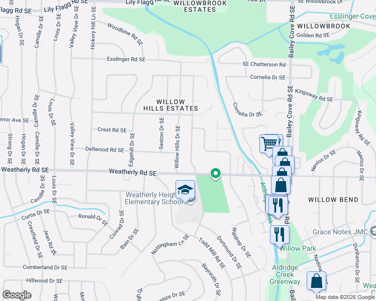 map of restaurants, bars, coffee shops, grocery stores, and more near 9006 Cannstatt Drive Southeast in Huntsville