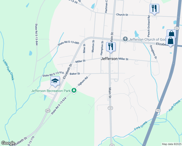 map of restaurants, bars, coffee shops, grocery stores, and more near 302 Baker Street in Jefferson