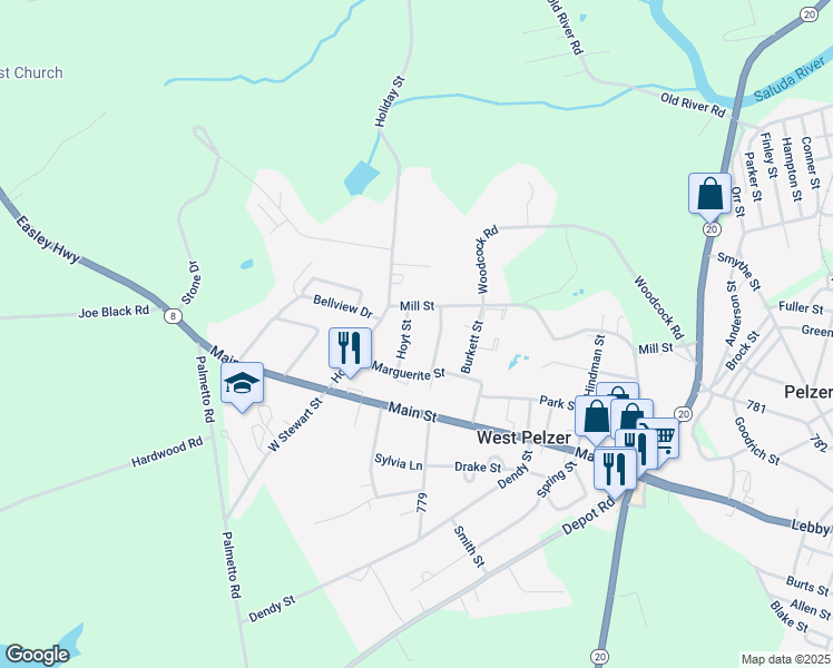map of restaurants, bars, coffee shops, grocery stores, and more near 10 Hoyt Street in Pelzer