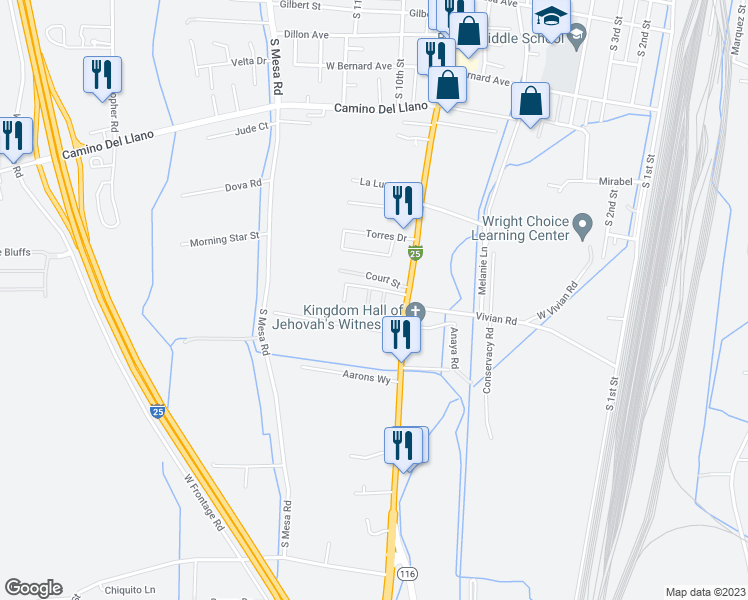 map of restaurants, bars, coffee shops, grocery stores, and more near 1200 Diego Court in Belen