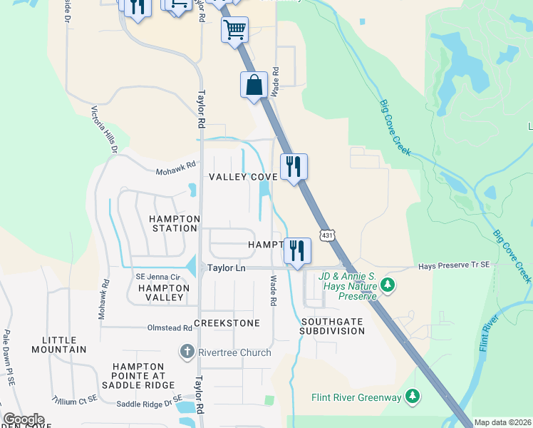 map of restaurants, bars, coffee shops, grocery stores, and more near 425 Wade Road in Owens Cross Roads