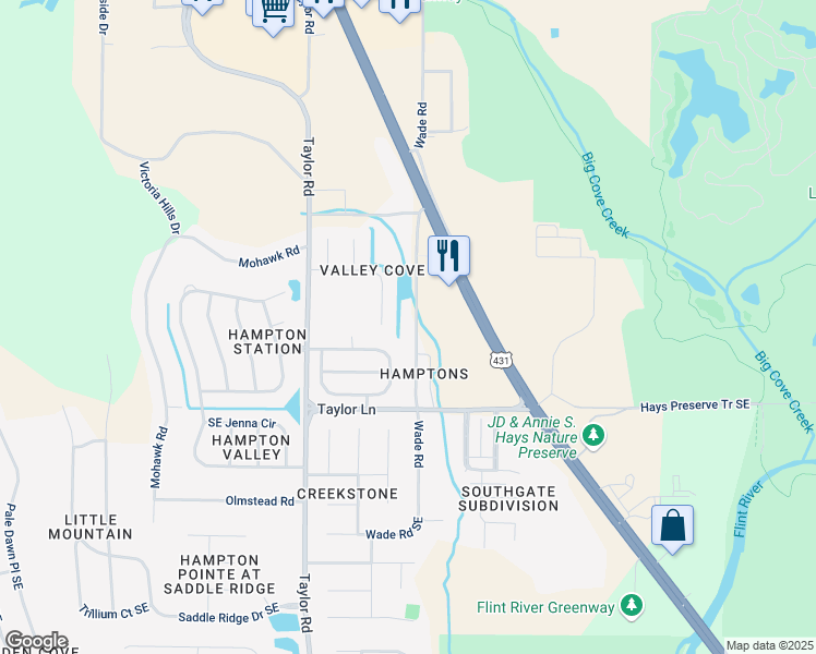 map of restaurants, bars, coffee shops, grocery stores, and more near 425 Wade Road in Owens Cross Roads