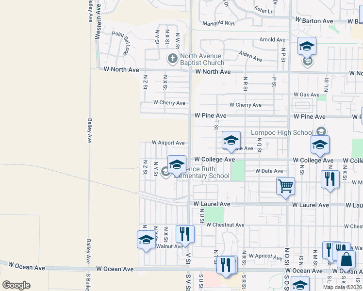 map of restaurants, bars, coffee shops, grocery stores, and more near 621 V Street in Lompoc