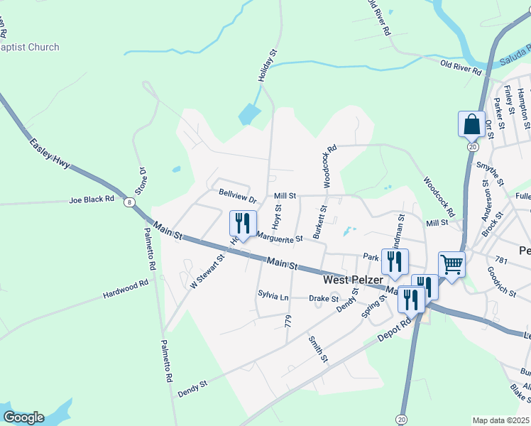 map of restaurants, bars, coffee shops, grocery stores, and more near 20 Holiday Street in Pelzer